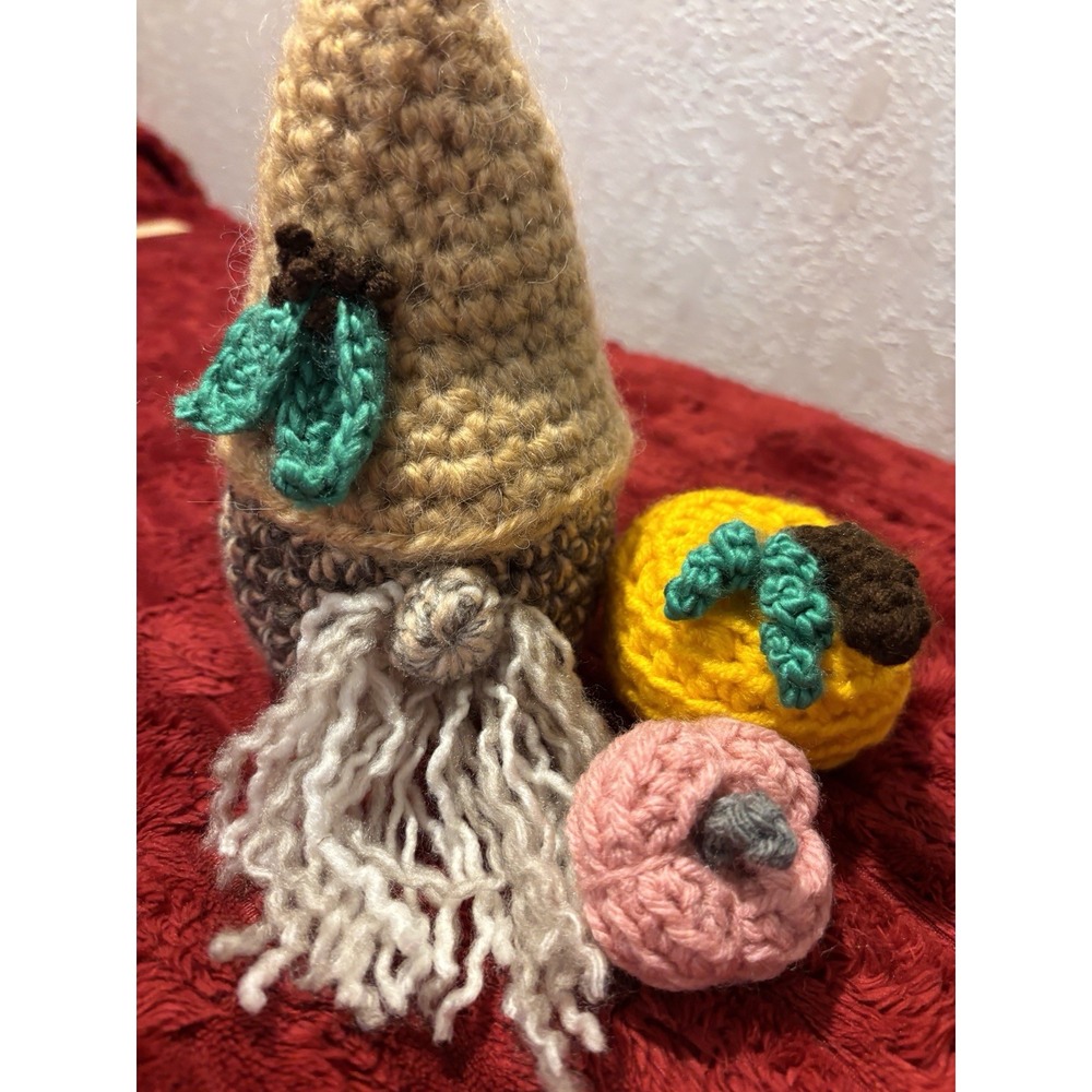 Crochet Handmade Bearded Gnome Beige Hat Leaves 7x4 Pink 2" & Yellow 3" Pumpkins
